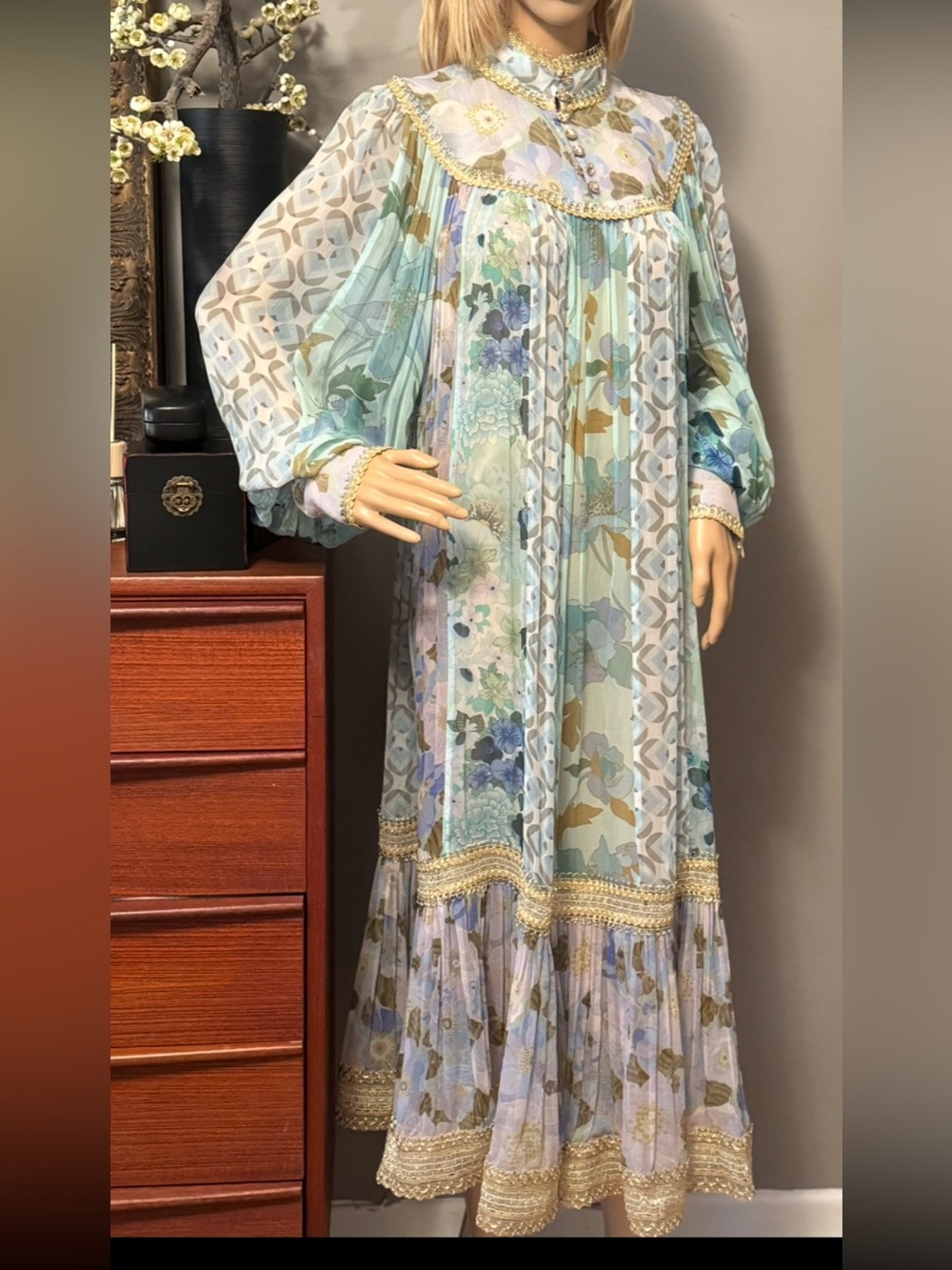 Zimmermann Pastel Mint and Gold Floral Maxi Dress